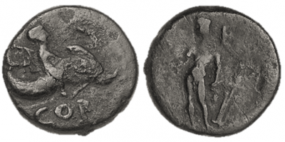 Figure 3: Isthmus and Melicertes (RPC I, 1168). Bronze as, from Corinth, c. 27 BCE. Obverse: Melicertes sitting on a dolphin, holding a thryos over his shoulder, with the legend COR. Reverse: standing Isthmus, holding rudder in each hand. Reproduced with permission of Ino Ioannidou and Lenio Bartzioti, American School of Classical Studies at Athens, Corinth Excavations (www.ascsa.net). 